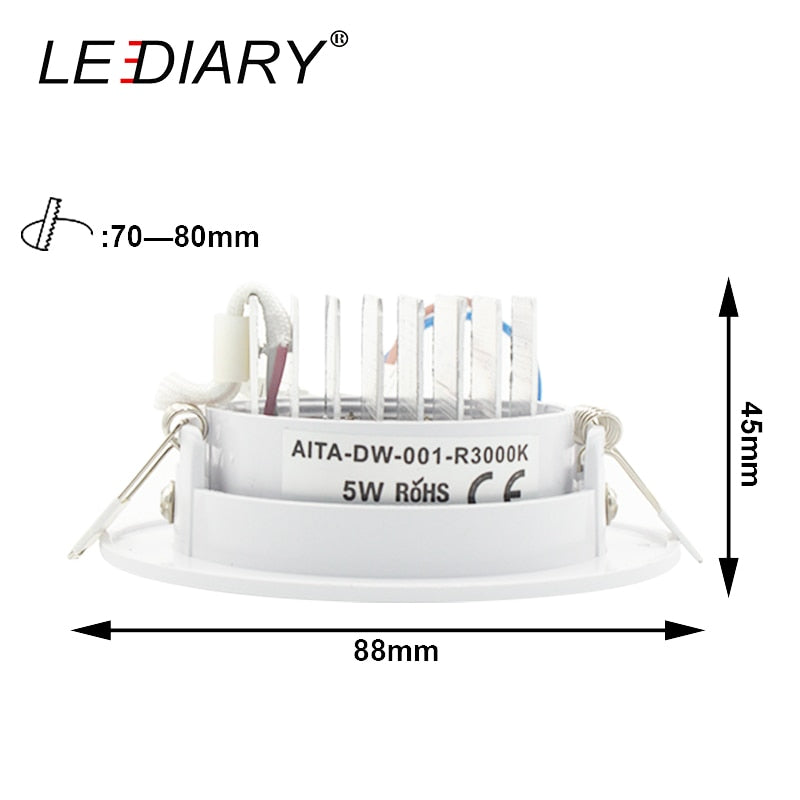 LEDIARY Super Bright LED Downlights Round/Square 75mm Cut Hole Recessed COB Real 5W Angle Adjustable 100-240V Ceiling Spot Lamp
