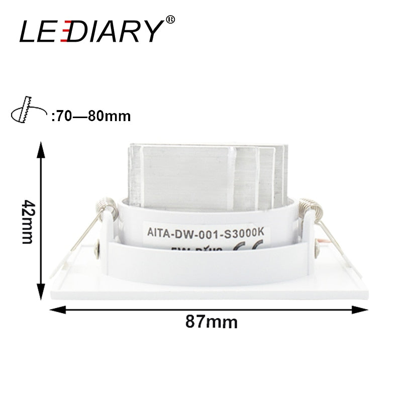 LEDIARY Super Bright LED Downlights Round/Square 75mm Cut Hole Recessed COB Real 5W Angle Adjustable 100-240V Ceiling Spot Lamp