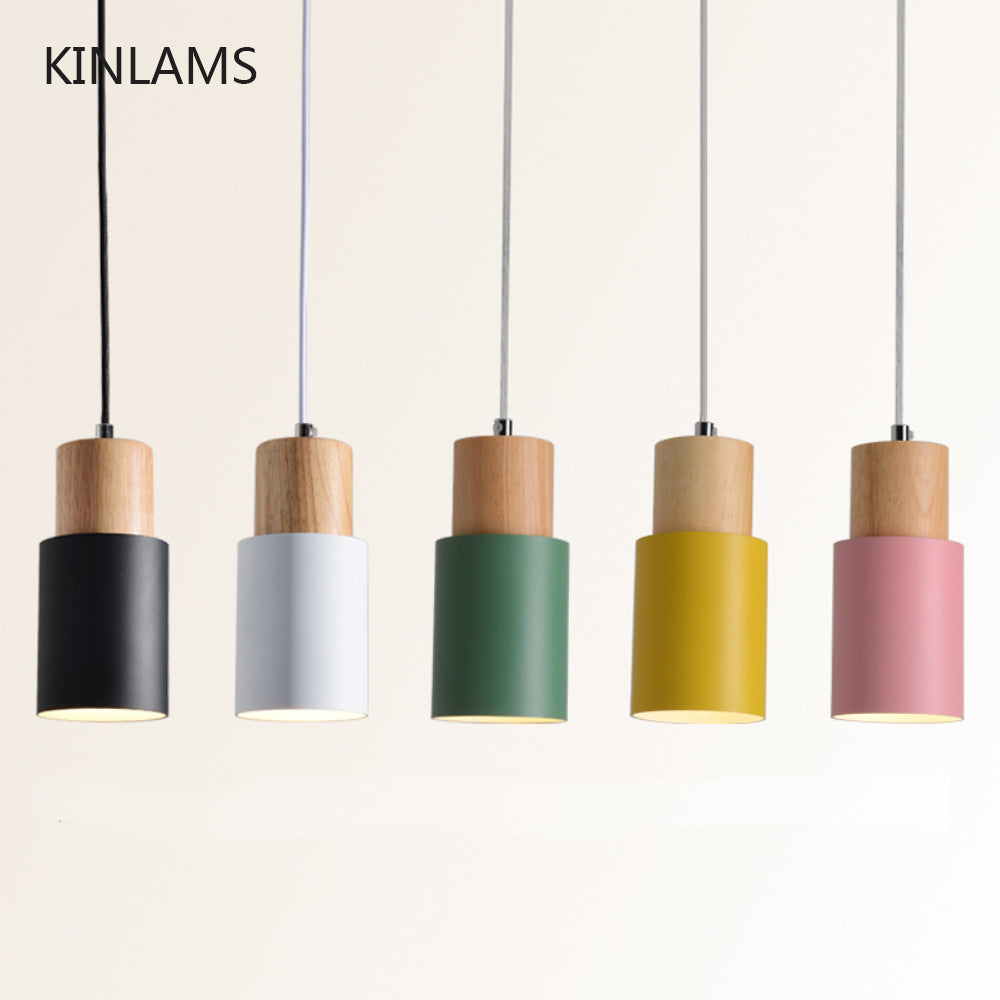 Designer Nordic simple Wood Pendant Lights led hang lamp Colorful Aluminum fixture  Kitchen Island bar hotel home decor E27