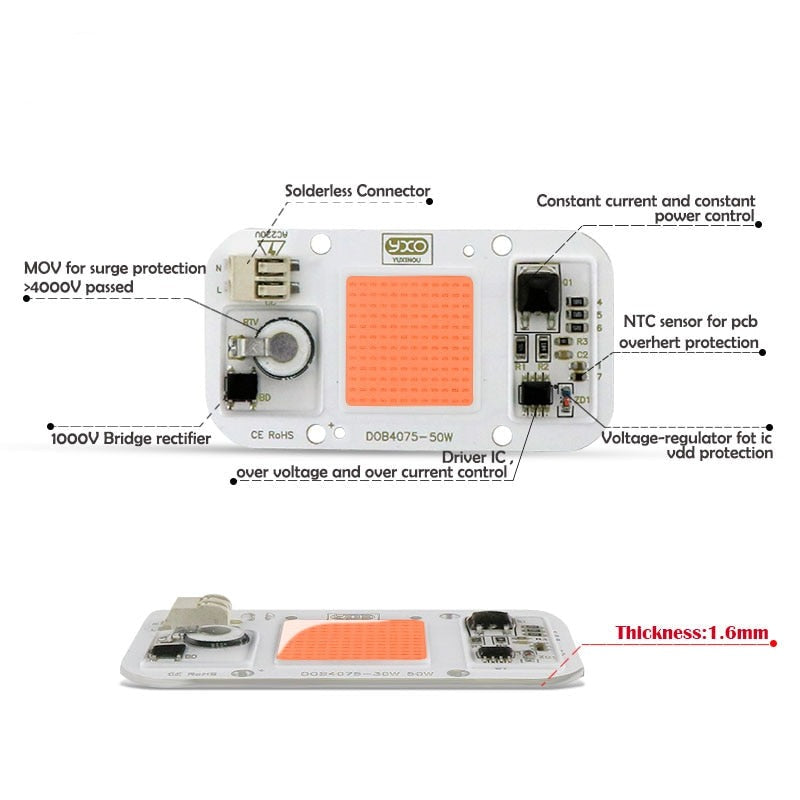 1pc Hydro ponic AC 220V 20w 30w 50w cob led grow light chip full spectrum 370nm-780nm for Indoor Plant Seedling Grow and Flower