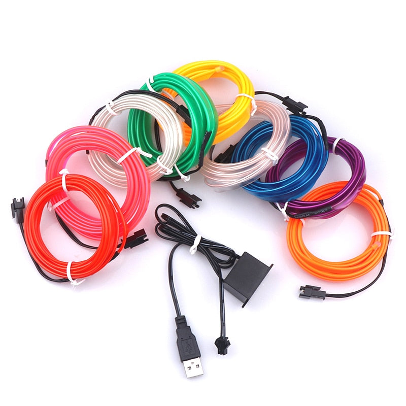 Car Interior Lighting Auto LED Strip Garland EL Wire Rope Tube Line flexible Neon Light With 12V USB Cigarette Drive