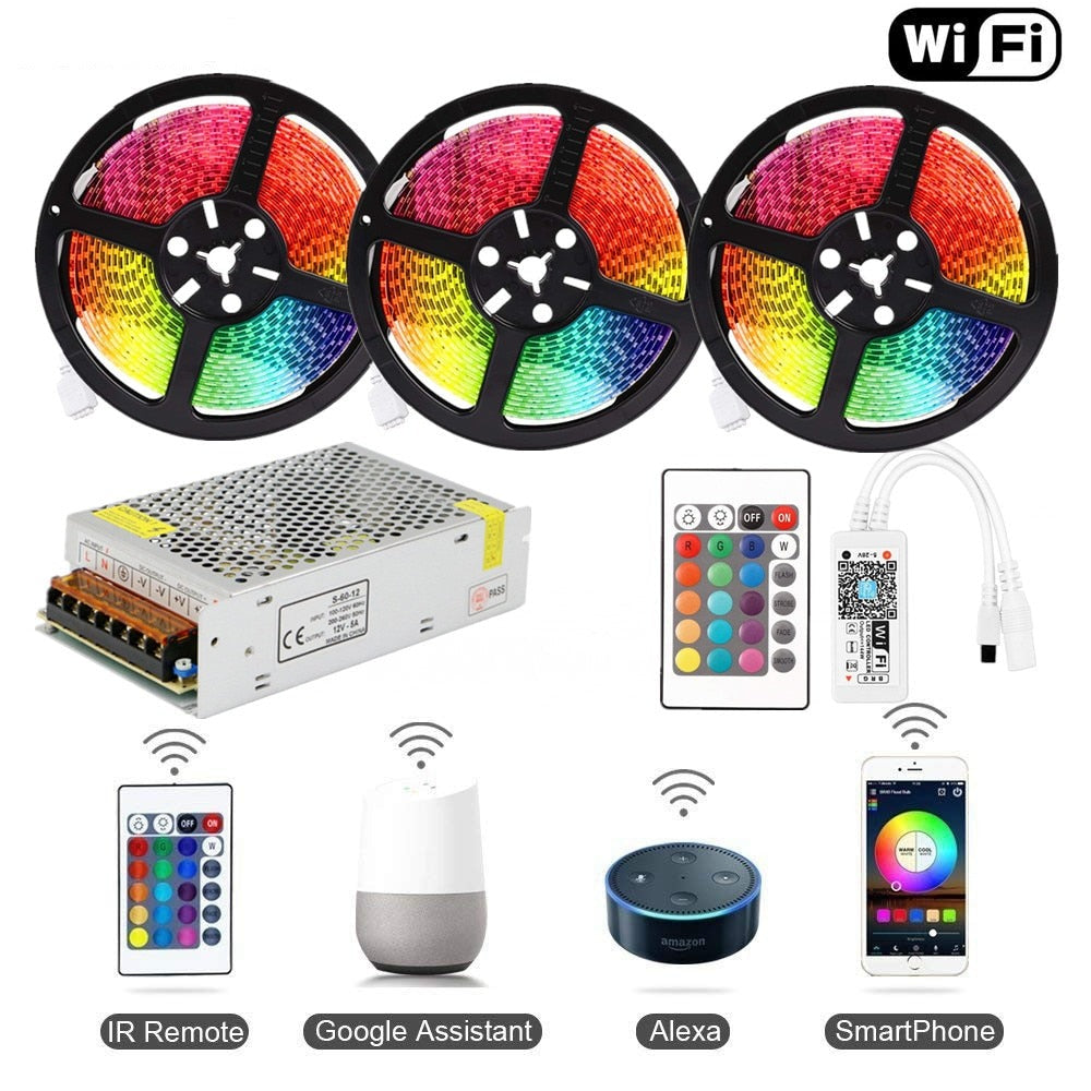  RGB LED Tape Wireless Wi-Fi LED Strip 5M 10M 15M Kit 12V 150leds Waterproof Flexible Rope Light +Wi-Fi Controller +Power Supply