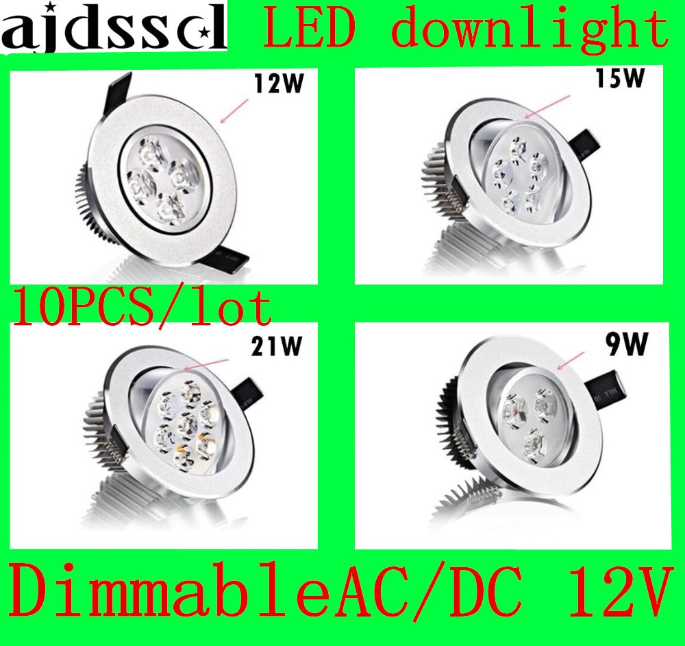 Bright Recessed 10PCS/lot LED Dimmable Downlight COB 9W 12W 15W 21W LED Spot light decoration Ceiling Lamp AC/DC12V