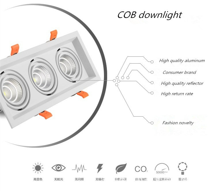 Super Bright Recessed square 1pcs LED Dimmable Downlight COB 10w 20W 30w LED Spot light LED decoration Ceiling Lamp AC85-265v