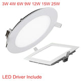 Ultra Thin Led Downlight 3W 4W 6W 9W 12W 15W 25W Round Square LED Panel Recessed Light 85-265V LED Ceiling Spot Lamp For Indoor