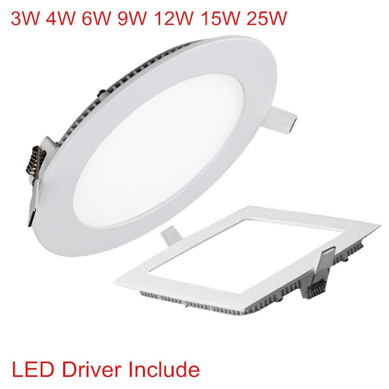 Ultra Thin Led Downlight 3W 4W 6W 9W 12W 15W 25W Round Square LED Panel Recessed Light 85-265V LED Ceiling Spot Lamp For Indoor