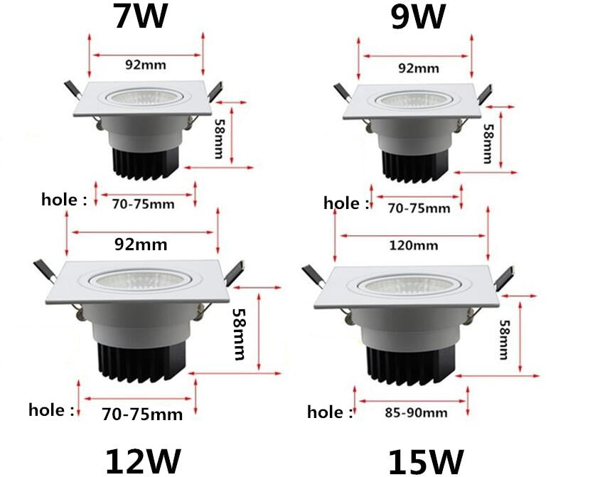 White dimmable led downlight lamp 7W 9w 12w 15w 35w cob led spot 220V / 110V ceiling recessed downlights square led panel light