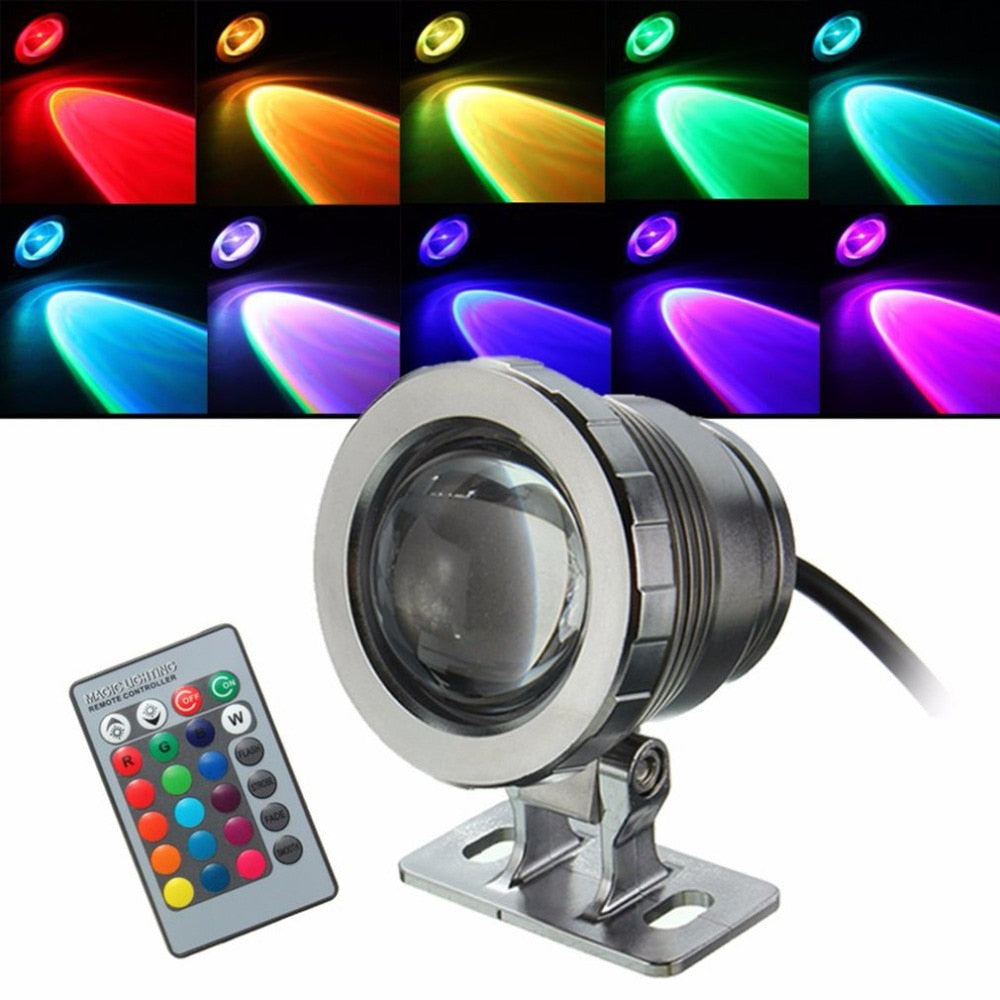 IP68 10W RGB LED Light Garden Fountain Pool Pond Spotlight Waterproof Underwater Lamp with Remote Control Black/Silver