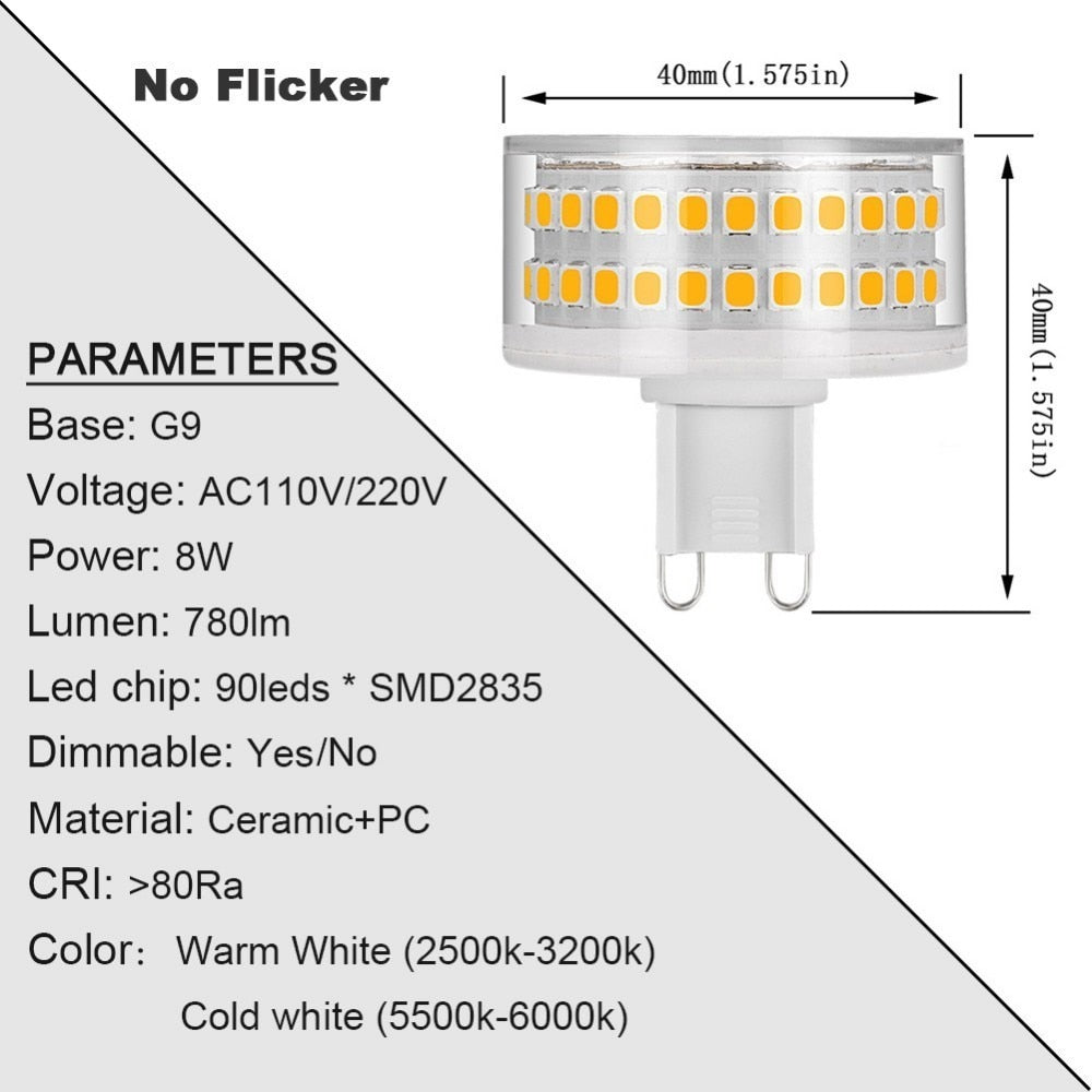 LED BULB Dimmable G9 AC120V 220V 8W 90LEDS SMD2835 No Flicker LED Light Lamp 780LM Chandelier Light Replace 80W Halogen Lighting