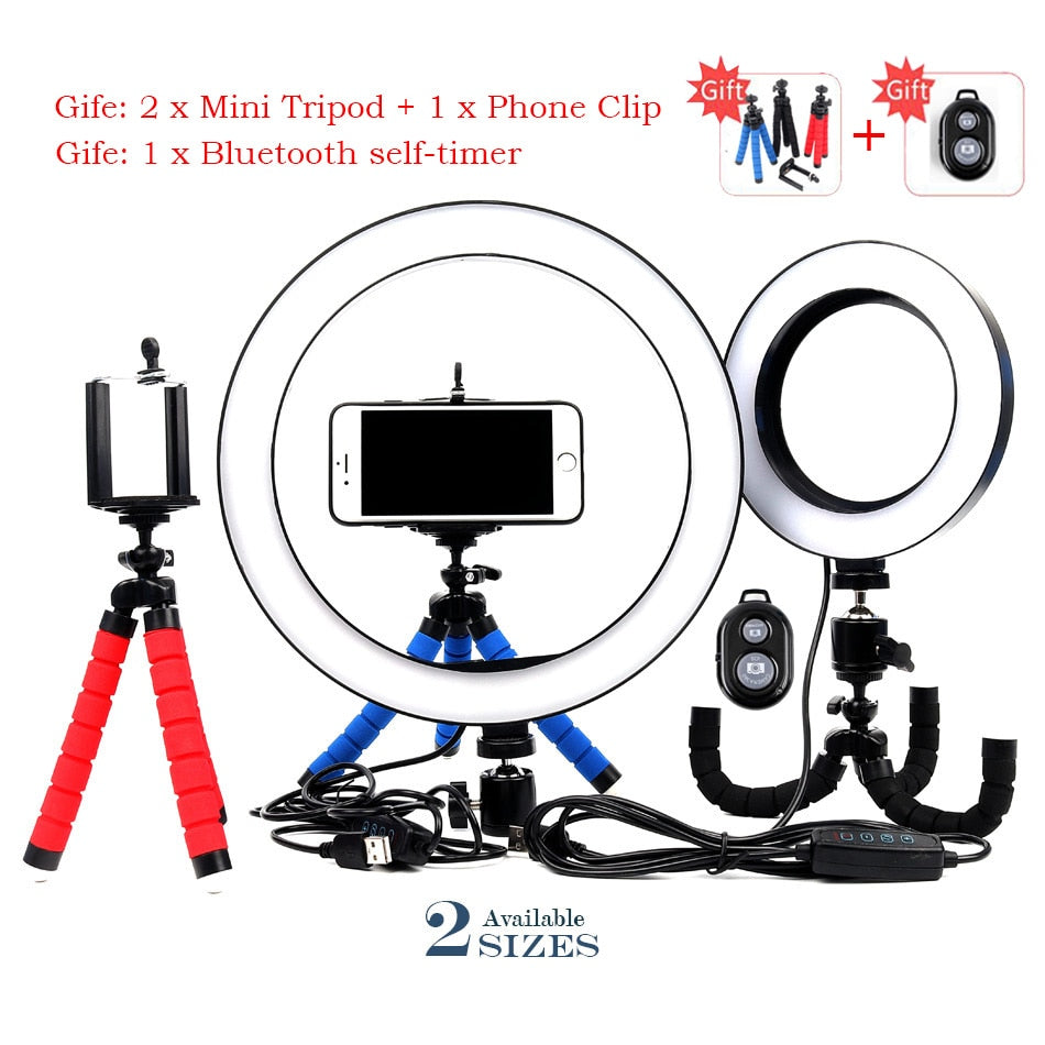 Photography LED 16/26cm Selfie Ring Light Dimmable Camera Phone Ring Lamp With Table Mini Tripods For Makeup Video Live Studio