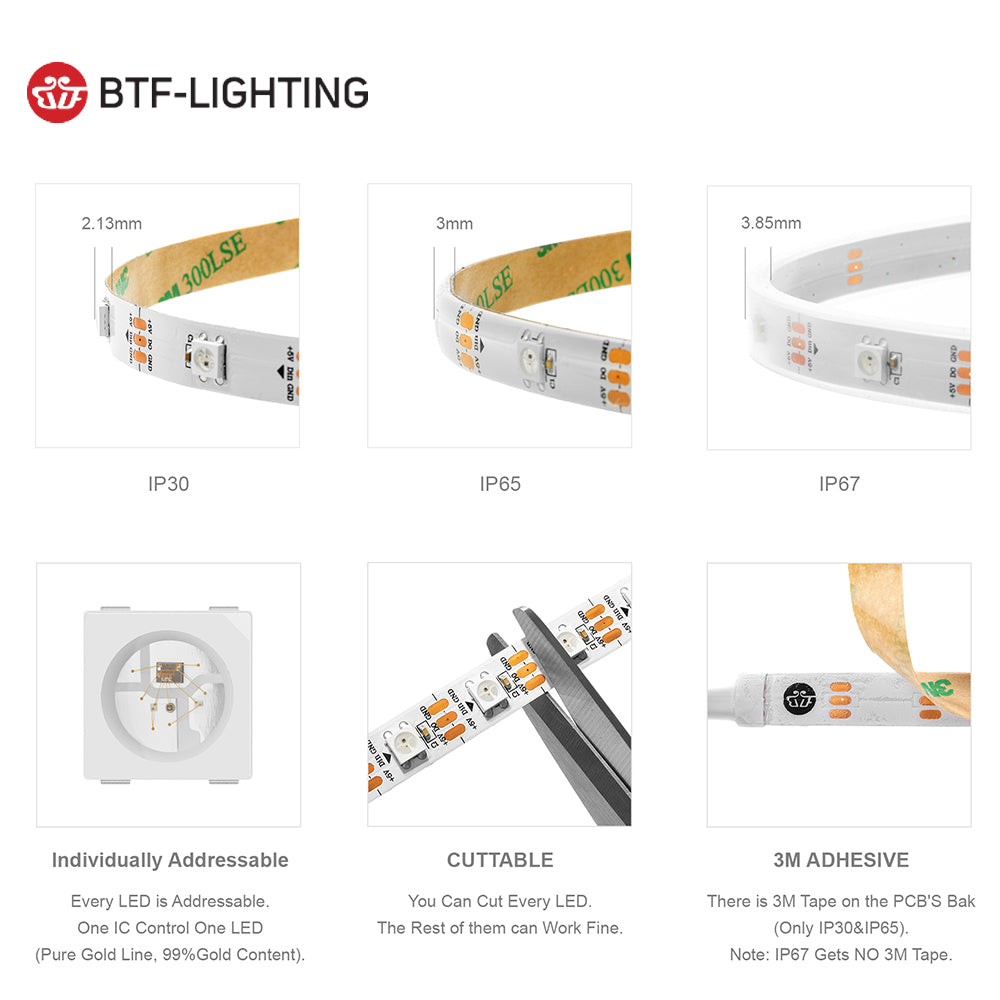 Led Strip 30/60/74/96/100/144 pixels/leds/m WS2812 Smart RGB Led Light Strip Black/White PCB IP30/65/67 DC5V