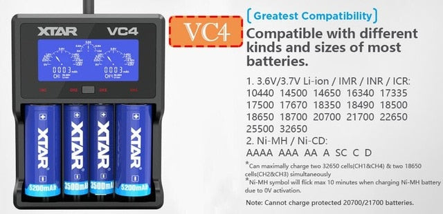 NEW XTAR VC2 VC2S VC4 VC4S  Colorful VA LCD Screen Micro-USB powered portable apply to 3.6V/3.7V Li-ion/IMR/INR/ICR 18650 26650