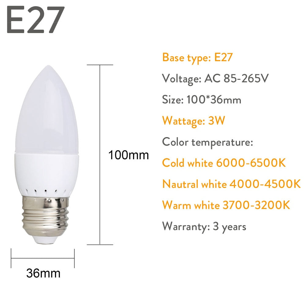 3W Led Candle Bulb E14 E27 E12 B22 B15 110V 220V Save Energy Spotlight Chandiler Crystal Lamp Ampoule Bombillas Home Lights