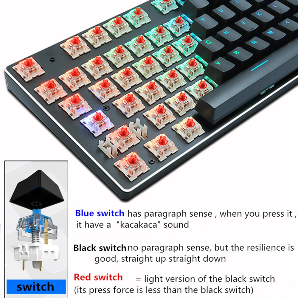 Gaming Mechanical Keyboard Blue Red Switch 87key Anti-ghosting RGB/Mix Backlit LED USB RU/US Wired Keyboard For Gamer PC Laptop