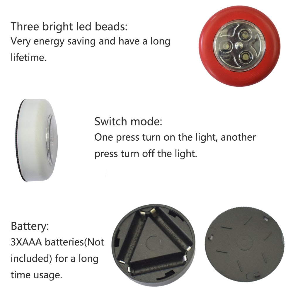 4 Colors 3 LED Closet Under Cabinet Lamp AAA Battery Powered Wireless Touch Switch Kitchen Wall Car Night Light for Car Boot