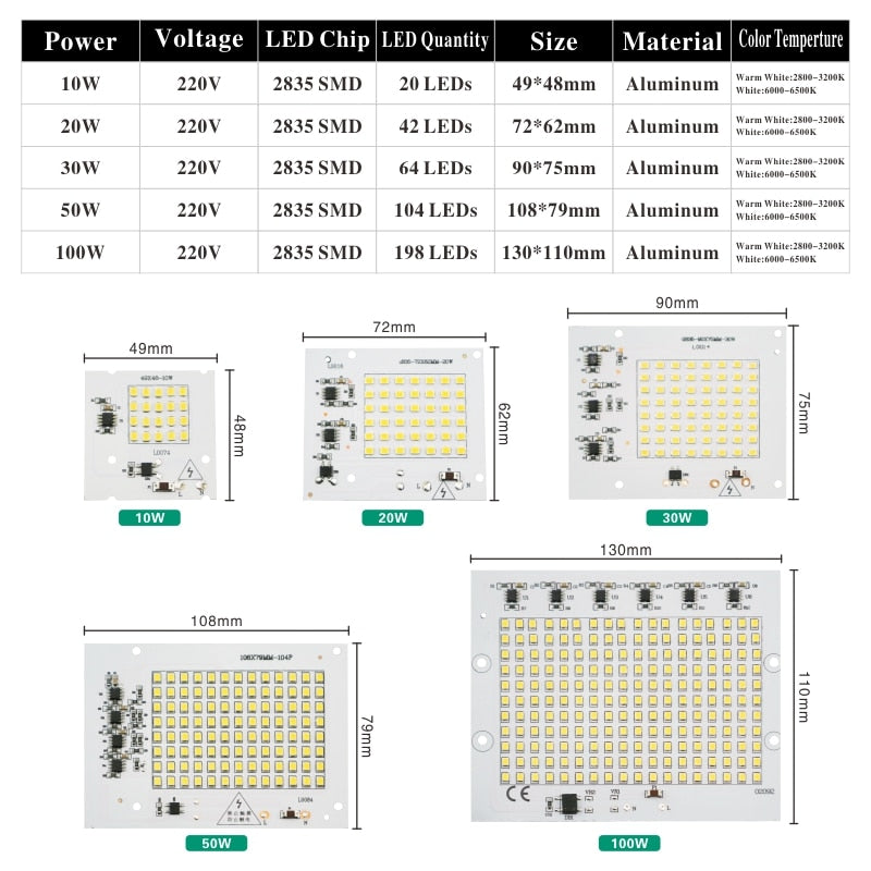 Smart IC 2835SMD LED Chips Lamp 10W 20W 30W 50W 100W AC 220V-240V DIY For Outdoor Floodlight Garden Cold White Warm White