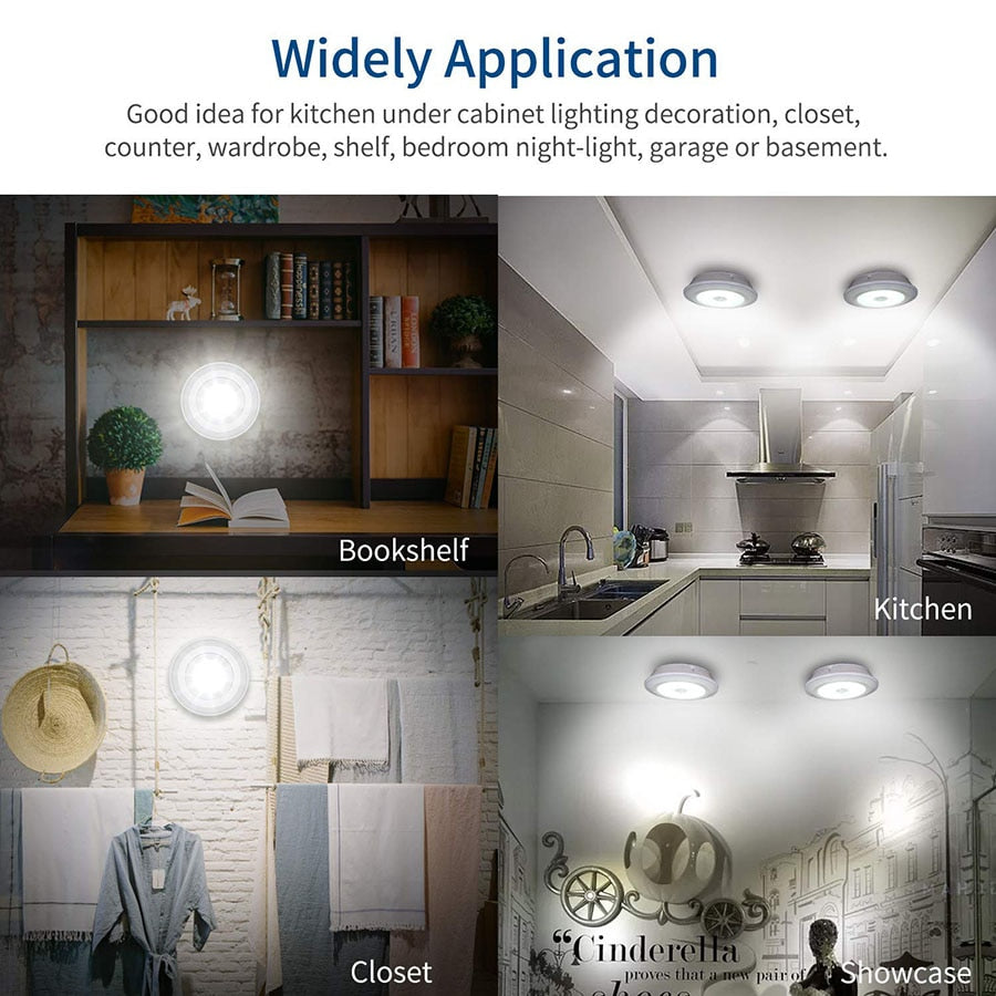 Battery Operated Dimmable LED Under Cabinet Light COB LED Puck Lights Closets Lights with Remote Control for Wardrobe Bathroom