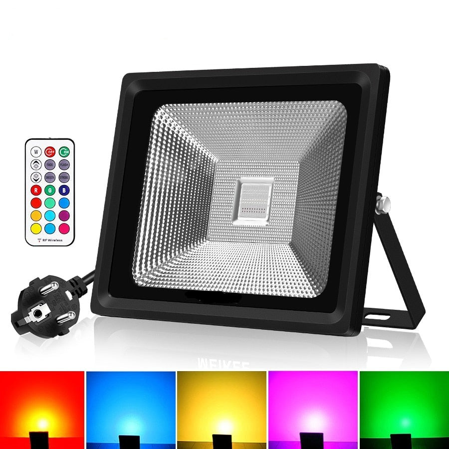 10W/30W/50W RGB LED Flood Light 16 Colors Waterproof LED Floodlight Outdoor Spotlight Flashlight with Remote Party Neon Light